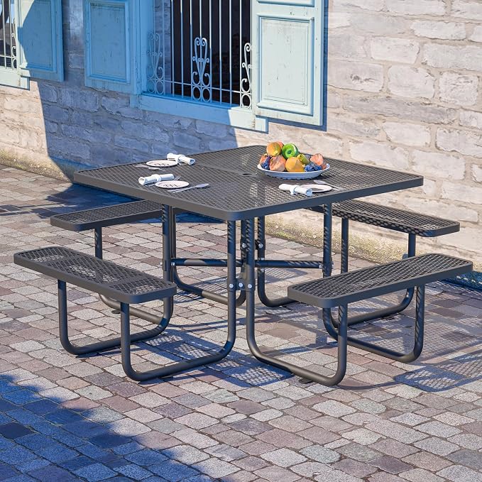 46'' Heavy Duty Outdoor Picnic Table - Commercial Grade Square Steel Picnic Table Set, Umbrella Hole, Rust-Resistant Metal Mesh Tabletop for Patio, Garden, Park, BBQ - Black