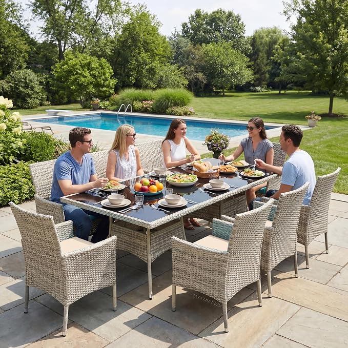 10-Piece Patio Dining Set, Patio Furniture Set with Square Tempered Glass Table & 8 Wicker Chairs, Expandable Design for Larger Groups, Outdoor Furniture for Backyard, Deck, Garden, Beige