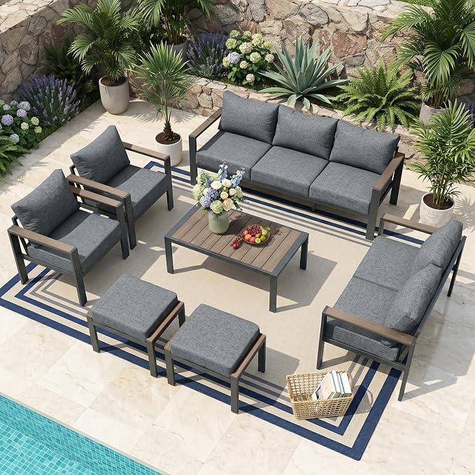 Outdoor Patio Furniture Set 9 Seats Luxury Aluminum Patio Conversation Set with Washable Thick Cushions, 7 Pieces Outdoor Sectional for Porch, Balcony, Deck, Yard, Gray