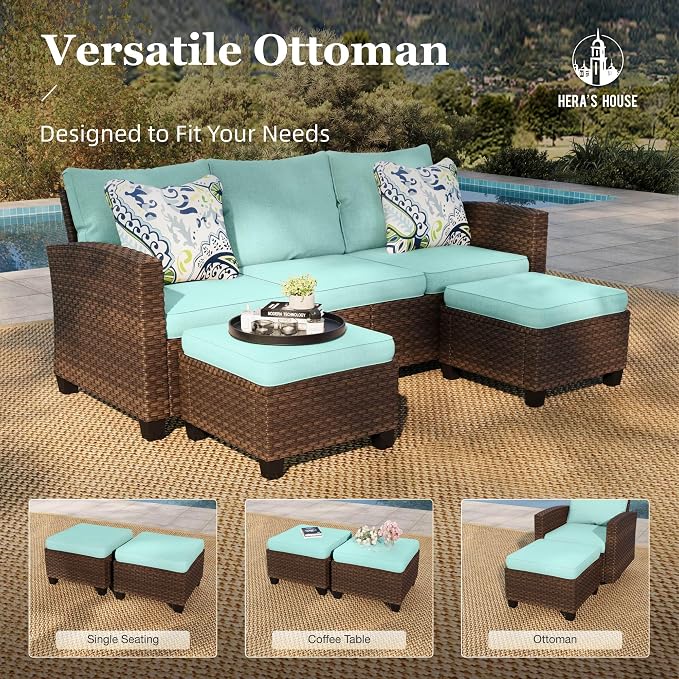 HERA'S HOUSE Patio Furniture Set with Swivel Glide Chairs, Outdoor Sectional Sofa Set, 7 Pieces Patio Conversation Sets for Lawn Backyard Deck, Brown/Blue