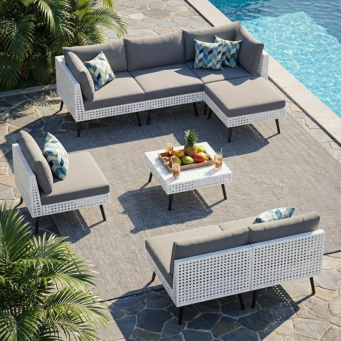 Vikiullf Patio Sectional Sofa Set, White Wicker Outdoor Furniture with 4" High-Density Cushions, Deep Seating Conversation Set with Coffee Table (8-Pieces)