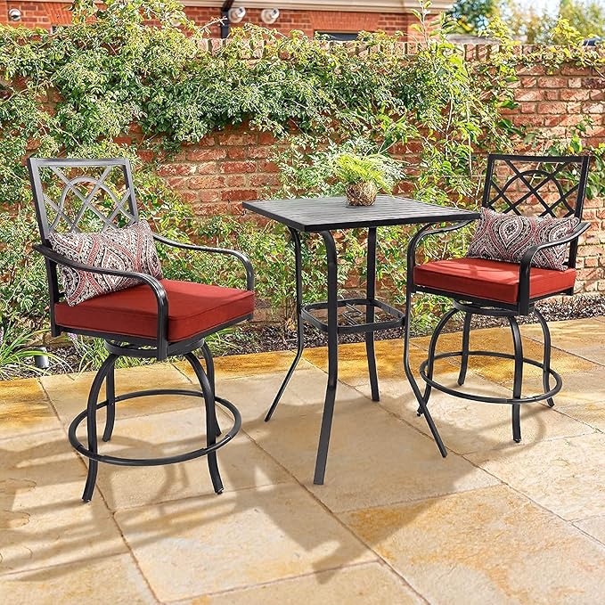 Patio Height Bar Table, Outdoor Bistro Square High Top Dining Table with 1.57'' Umbrella Hole & Steel Slat Table Top (Black)