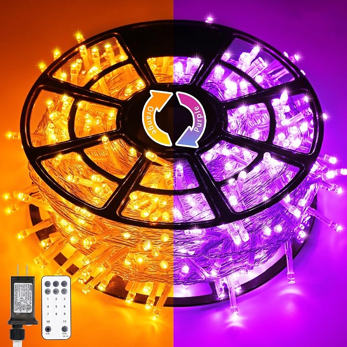 JMEXSUSS 168ft 600 LED Halloween Decor Lights Outdoor Clear Wire | Orange Purple String Lights Indoor Plug in, Halloween Lights for Tree Porch Garden Patio Car Party Yard Decorations, Remote