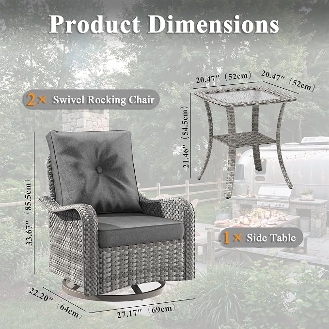 3 Piece Patio Furniture Set with Swivel Rocking Chairs, Outdoor Wicker Conversation Set with 4" Cushions, Glass Side Table, PE Rattan and Rust-Resistant Frame, Black