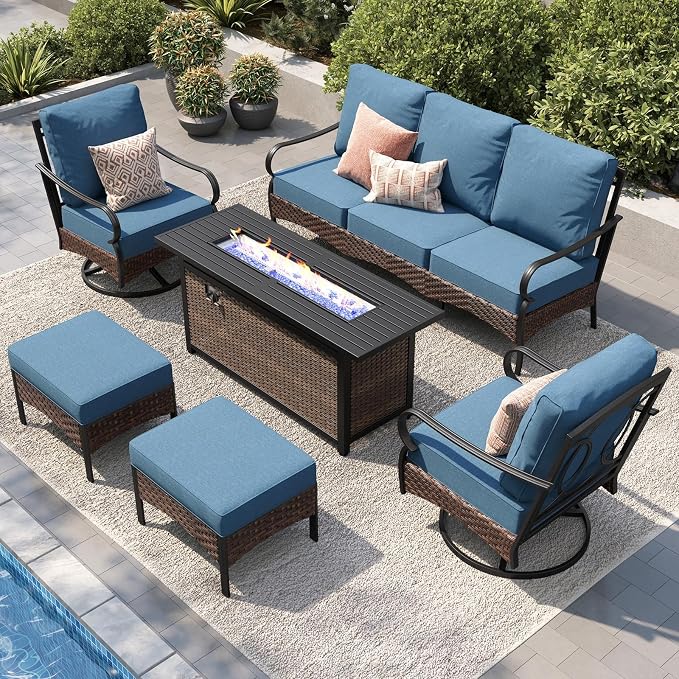 PHI VILLA Patio Furniture Set with 56" Fire Pit Table, Metal Frame Outdoor Conversation Sets, Wicker Patio Sectional Swivel Chairs with Ottomans for Porch, Deck, Poolside(6 Pieces, Navy)