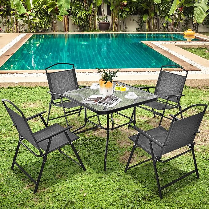Giantex 34 Inch Outdoor Dining Table, Square Tempered Glass Table w/ 1.5” Umbrella Hole, Rustproof Metal Frame, Patio Dining Table for Balcony, Porch, Garden
