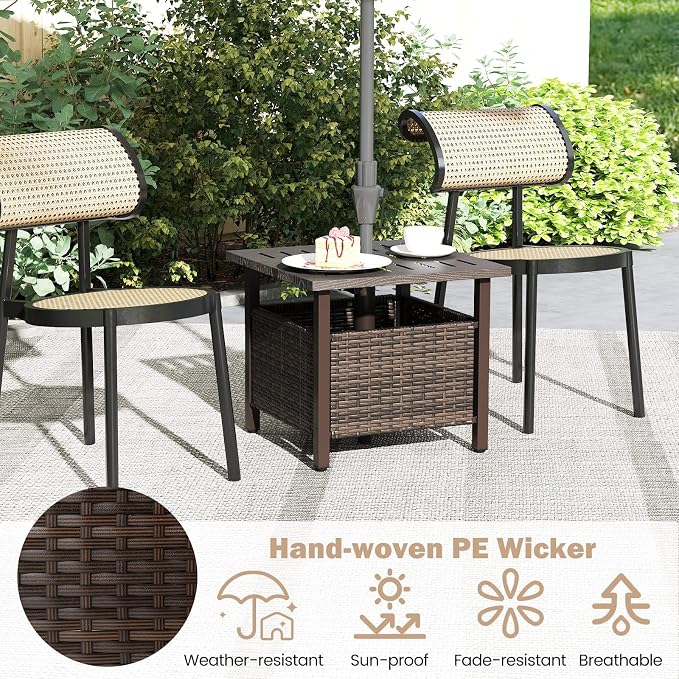 Outdoor Side Table with Umbrella Hole, Umbrella Table with Zinc-Iron Alloy Tabletop & Sturdy Galvanized Iron Frame, 22" Wicker End Table for Patio, Garden, Porch, Poolside(Mix Brown)