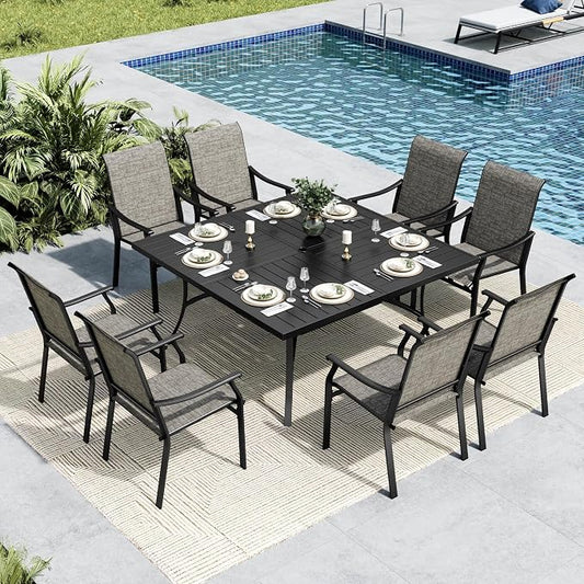 MFSTUDIO 9 Piece Patio Dining Set, Square Metal Table & Textilene Chairs | Weather-resistant, 8 person, Breathable & quick-drying, Umbrella hole, Outdoor deck backyard