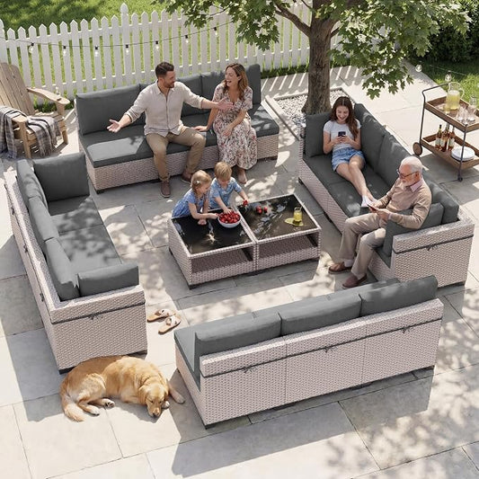 Patio Furniture Set, 14-Piece Outdoor Sectional Sofa with 2-Layer Glass Coffee Table, Wicker Patio Conversation Set with Gray Cushions for Backyard, Poolside, Porch