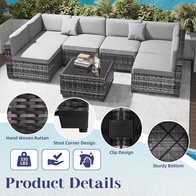 KIGOTY Patio Furniture Set,14 Pieces Modular Outdoor Sectional Sofa, PE Rattan Patio Conversation Set, All Weather Wicker Patio Furniture with Cushions and Coffee Table（Light Grey/Light Grey）