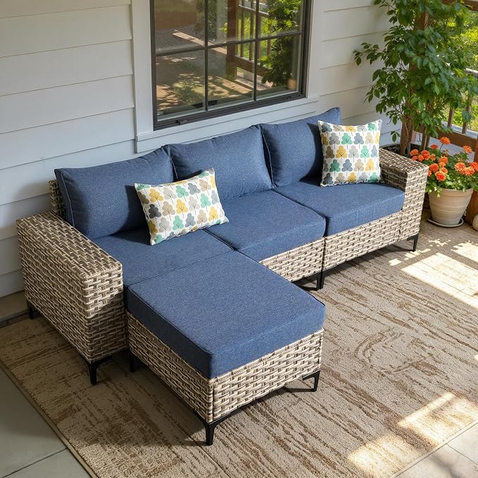 4-Piece Wicker Outdoor Sectional Furniture, Wide Armrest L-Shaped Patio Couch Set with Ottoman, Modern Modular Conversation Sets with Thick Cushion for Backyard Porch Balcony, Denim Blue