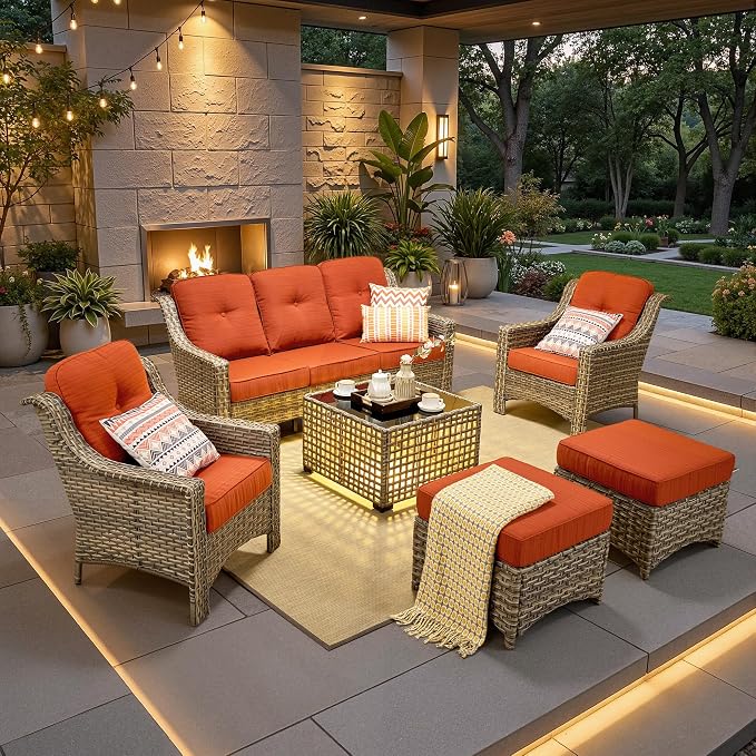 6 PCS Patio Furniture Set, Deep Seat High Back Outdoor Conversation Set with Ottomans, Wicker Outside Furniture with Solar Light Coffee Table for Porch Backyard Balcony, Sunroom, Orange