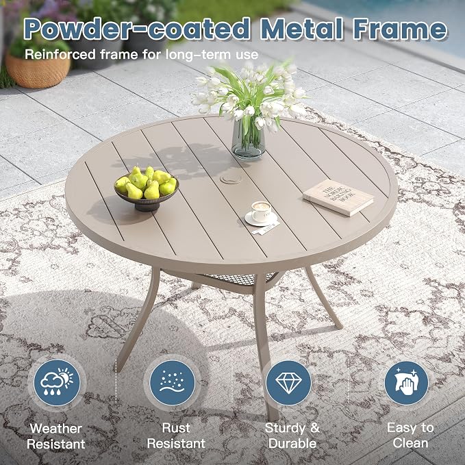 DIFY 48" Round Patio Dining Table for 6, Outdoor Metal Dining Table with 1.57" Umbrella Hole for Backyard Lawn Garden, Sandshell