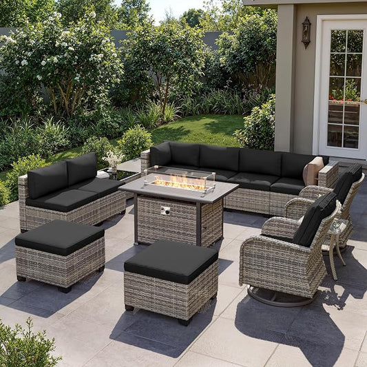 13-Piece Outdoor Patio Furniture Set with Rocking Swivel Chair, Wicker Rattan Sectional Sofa Conversation Set with 55,000 BTU Fire Pit Table with Ottomans, Backyard Furniture, Dark Grey