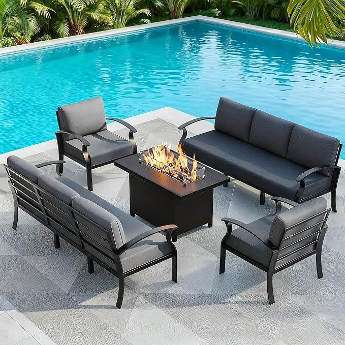 Aluminum Outdoor Patio Furniture Set,5 Pieces 8 Seats Patio Conversation Sets with 45" Propane Fire Pit Table,Metal Patio Sectional Furniture Set w/5.1" Cushions for Porch,Deck,Backyard,Grey