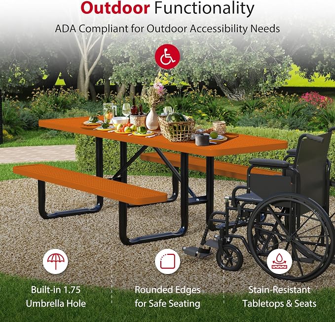Leisure Craft Metal Picnic Table with Bench - 8 ft Rectangle Outdoor Dining Table with Umbrella Hole, Heavy Duty Thermoplastic Coating, ADA Compliant, Commercial Grade Furniture Made in USA - Orange