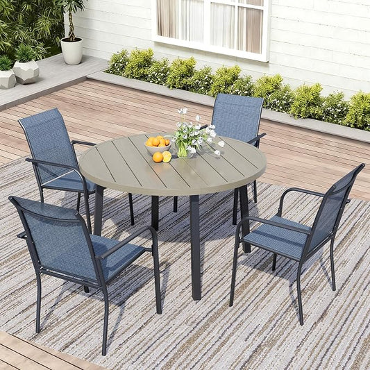 5 Piece Patio Dining Set for 4, 42” Honey Oak Round Table with Umbrella Hole and 4 Blue Patio Stackable Chairs, Patio Table and Chairs for Backyard, Lawn, Deck & Garden