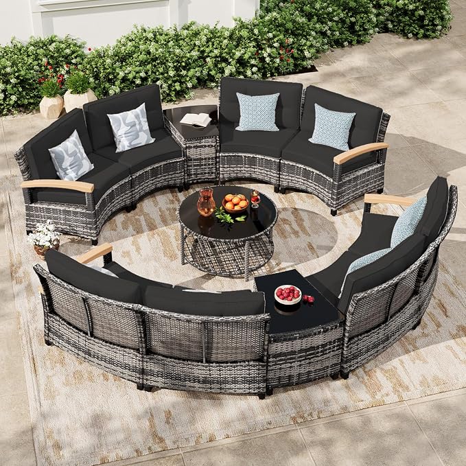 MEISSALIVVE 11-Piece Half-Moon Curved Outdoor Patio Furniture Set, Sectional Conversation Sofa with Wood Armrests, Coffee & Side Tables for Backyard Deck Garden, Black