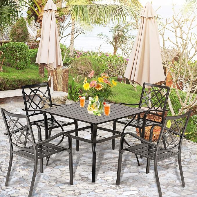 SUNCROWN 2 Pieces Wrought Iron Black Chairs 300 Lbs Outdoor Dining Chairs, Patio Metal Stackable Chair with Armrest for Backyard, Garden, Poolside