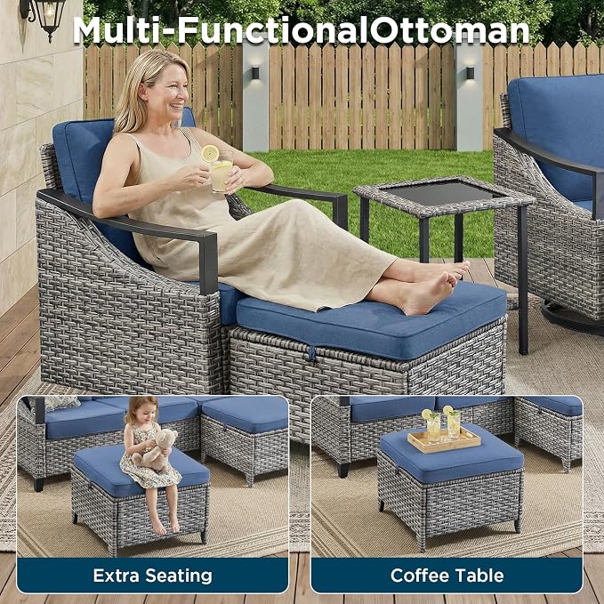 Outdoor Patio Furniture Set-5 Pieces All-Weather Wicker Outdoor Furniture with High Back Wicker Swivel Patio Chairs Outdoor Patio Conversation Sets for Garden Porch Deck Grey/Blue