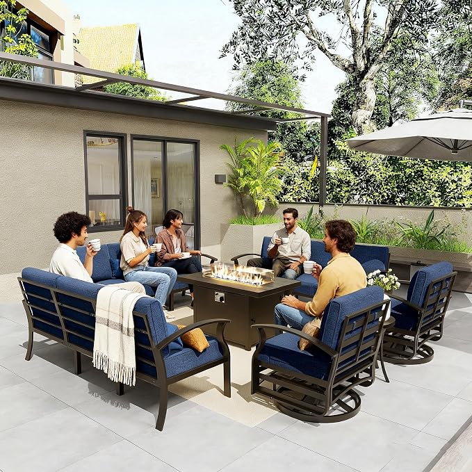 Gotland Outdoor Aluminum Patio Furniture Set with Fire Pit Table, 13 Pieces Metal Patio Furniture with 2 Swivel Rocking Chairs 11 Seats Waterproof 5.1'' Seat Cushions, for Garden Balcony Porch Navy