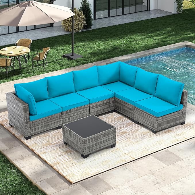 CANMOV 7 Pieces Patio Furniture Sets, All Weather Outdoor Patio Conversation Set, PE Wicker Rattan Sectional Sofa Couch Glass Coffee Table Washable Cushions for Backyard Garden, Porch, Peacock Blue