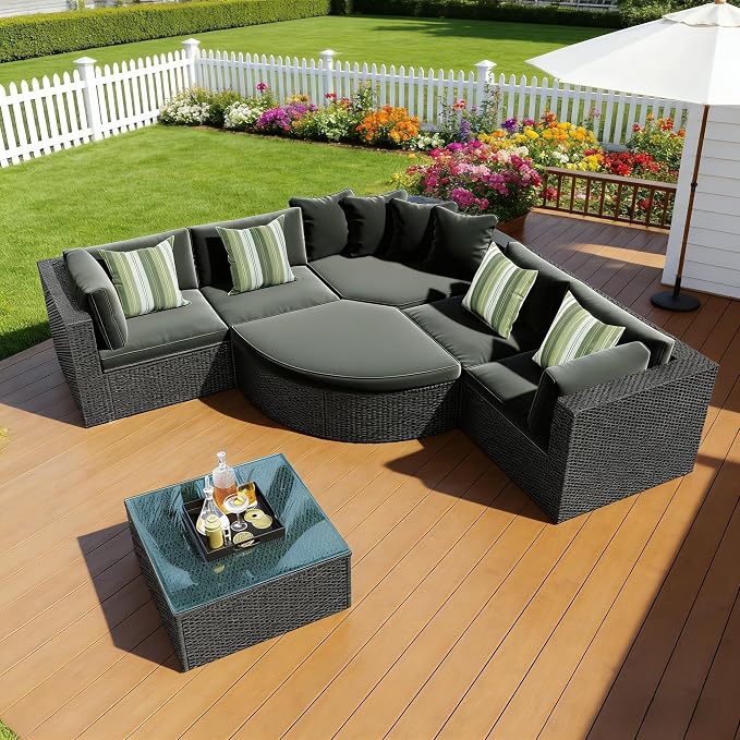 LUMISOL 7-Piece Patio Sofa Set, 93.5" Large Outdoor Half-Moon Sectional Sofa with Curved Ottoman & Coffee Table, Wicker Patio Conversation Set with Cushions for Backyard, Garden, Green Grey