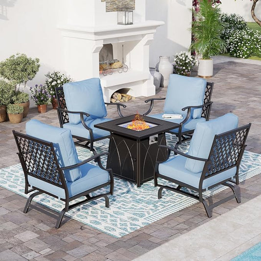 SUNSHINE VALLEY 5 Piece Metal Outdoor Patio Furniture Set with Fire Pit Table, Patio Conversation Sets 4 Rocking Chairs with 5.75" Thick Cushion and 5000 BTU Fire Pit Table, Backyard Furniture, Blue