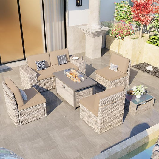 7-Piece Patio Furniture Set, Outdoor Extra Wide Armrest Modular Patio Sofa with Fire Pit Table, Dual-Strand Rattan Wicker High Back Large Seat Furniture for Backyard Porch Garden Balcony, Khaki