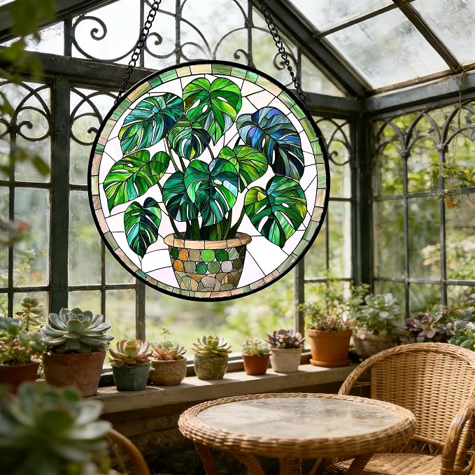 DASTOLL Stained Glass Window Hanging, Green Plant Monstera t Suncatcher Diamond Colorful Glass Panel Sun Catchers Decor for Birthday for Women, Men, Wife, Aunt, and Mom 11.8x11.8 in