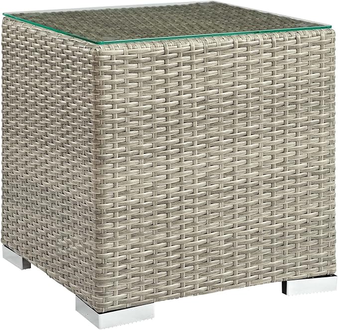Modern Contemporary Outdoor Patio Lounge Side Table, Rattan Glass, Light Grey Gray