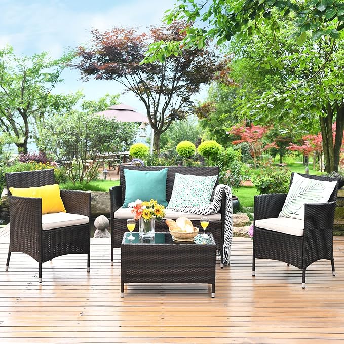 COSTWAY 4PCS Rattan Patio Furniture Set | Outdoor Wicker Rattan Chairs with Coffee Table, Rattan Cushioned Conversation Set for Backyard Balcony Porch Poolside, Brown