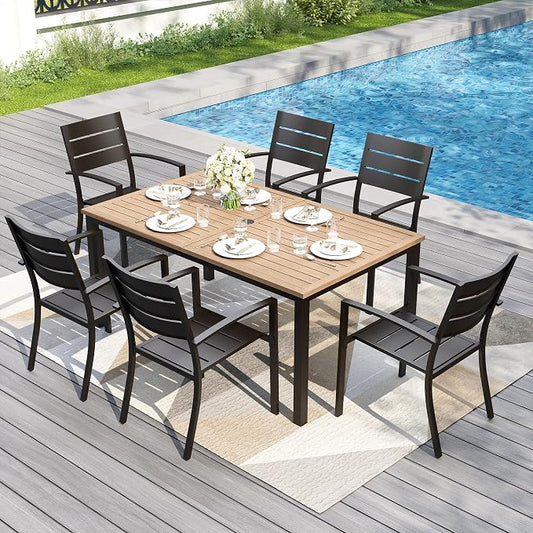 PHI VILLA Outdoor Patio Dining Set for 6,65" Rectangle Wood-Like Table | Metal Steel Table w/ Umbrella Hole& Stackable Wrought Iron Chairs, Outside Furniture Set for Deck, Porch, Backyard
