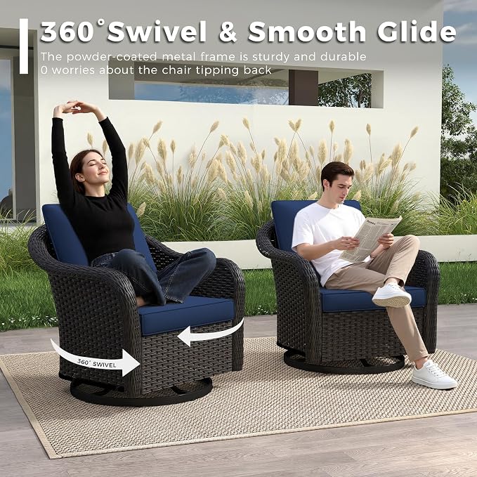 Outdoor Swivel Chairs Set with Ottomans, 4 PCS Patio Conversation Furniture Set with Removable Cushions, All-Weather Wicker Furniture for Porch, Backyard, Deck, Sunroom (Beige)