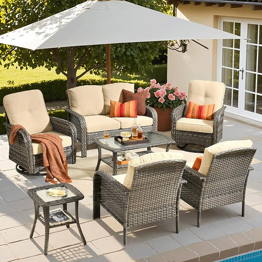 ovios 7-Piece Patio Furniture Set, Outdoor Wicker Sofa with Swivel Chairs Coffee Table, High Back Rattan Couch Loveseat with Comfy Cushions for Porch Yard Deck, Beige