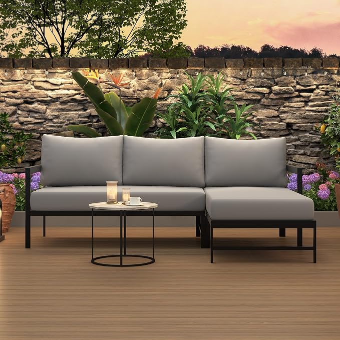 JIVOIT Outdoor L-Shaped Sofa with Iron Frame, Metal Patio Sofa Set with Ultra-Thick Cushions, Comfortable Seating for 3, Ideal for Patio, Balcony and Garden (Gray/35)
