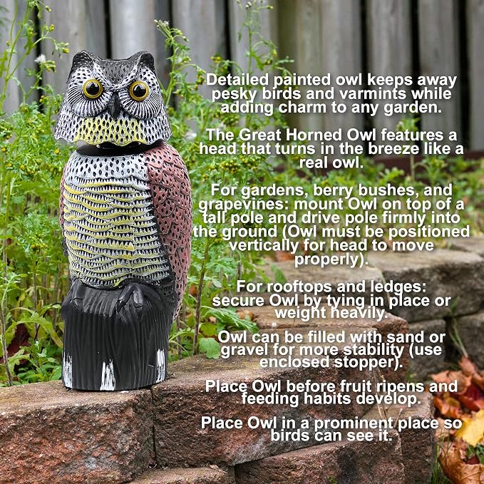 Owl Decoy to Scare Birds Away Scarecrow Fake Owl with Rotating Head, 16"