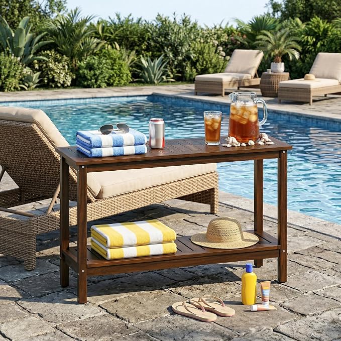 SUPER DEAL All-Weather Patio Bar Table Entry Console Table, 2-Shelf 48 inch Solid Wood Indoor Outdoor Multifunctional Buffet Storage Organizer with Adjustable Feet, Espresso