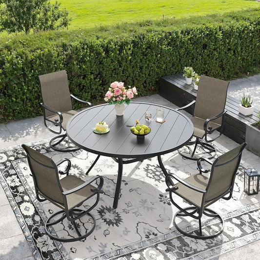 DIFY 7 Piece Outdoor Dining Set for 6, 53.1" Black Round Metal Dining Table with Umbrella Hole and Swivel Patio Chairs with Brown Textilene Fabric, Patio Table and Chairs Set for Garden Backyard Deck