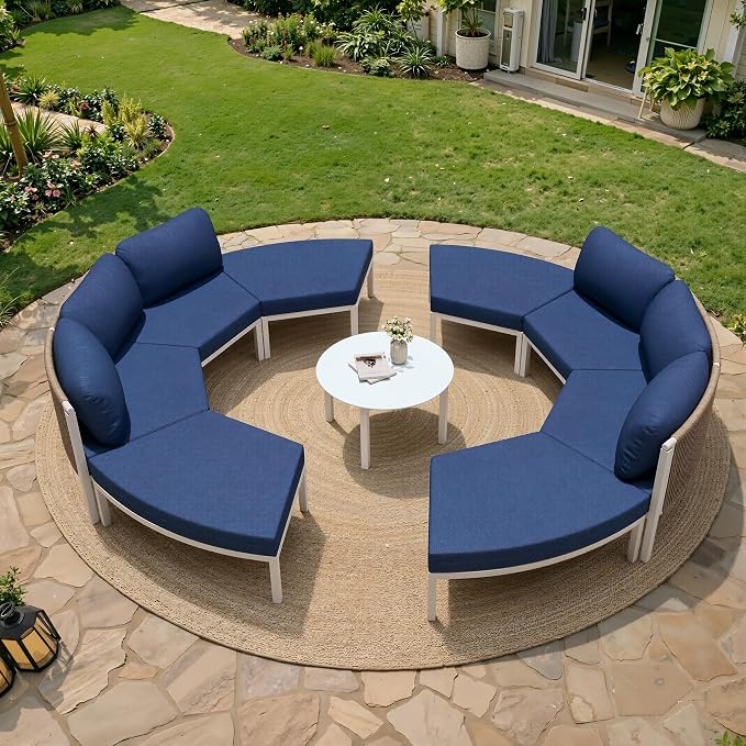 Crestlive Curved Patio Furniture Set, Modular Half Moon 8-Seater Sofa with Round Coffee Table, Aluminum Outdoor Sectional with 4.3" Cushions, All-Weather Couch for Backyard, Deck, Porch, Poolside