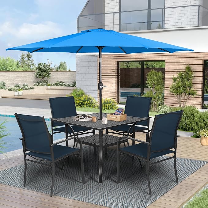 Crownland 5 Piece Patio Dining Set, Outdoor Textilene Dining Sets, 4 Textilene Metal Chairs and Square Outdoor Dining Table with Sky Blue 9FT Round Outdoor Umbrella, Blue