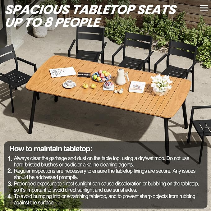 82" Outdoor Dining Table for 8, Brown Patio Table with Umbrella Hole Rectangle Dining Table with Aluminum Frame and Waterproof Wood Grain Tabletop for Lawn Backyard Garden Poolside