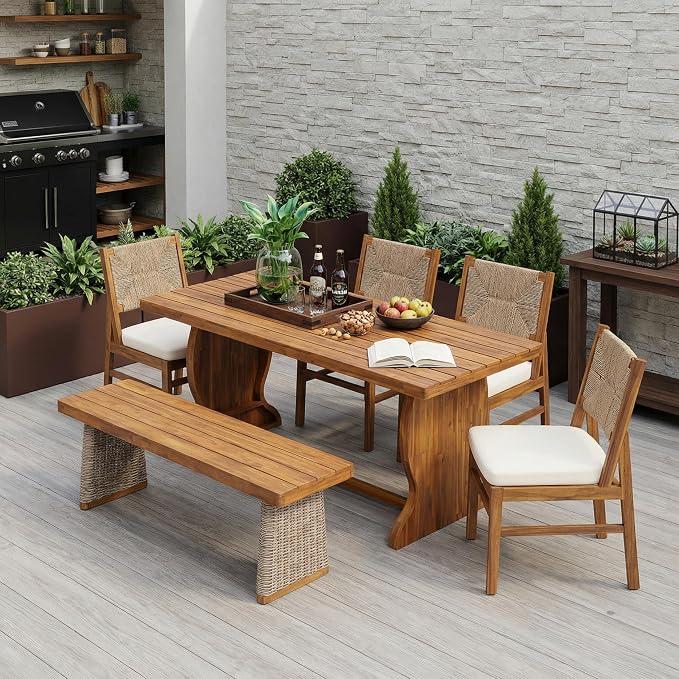Christopher Knight Home 6-Piece Outdoor Dining Set, 70" Acacia Wood Patio Table with 4 Light Brown Wicker Chairs with Cream Cushions and 1 Bench, Teak Finish Outdoor Furniture Set for Garden Porch