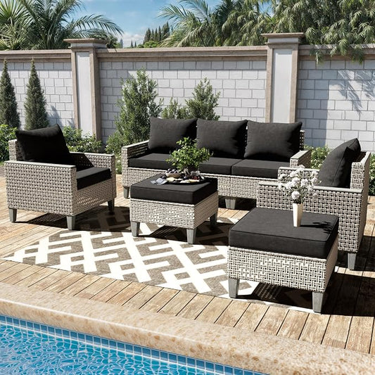 7 Pieces Patio Furniture Set with Ottomans, Modern Outdoor Sectional Sofa with Comfy Cushions, Modular Wicker Rattan Patio Conversation Set for Garden Poolside Deck, Black