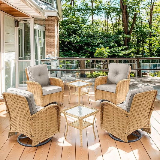 Outdoor Swivel Glider Rocker Chairs Set of 4 - Wicker Patio Furniture Set All Weather Patio Conversatio Sets with 2 Tempered Glass Side Table for Deck Backyard - Yellow Wicker Beige Cushion