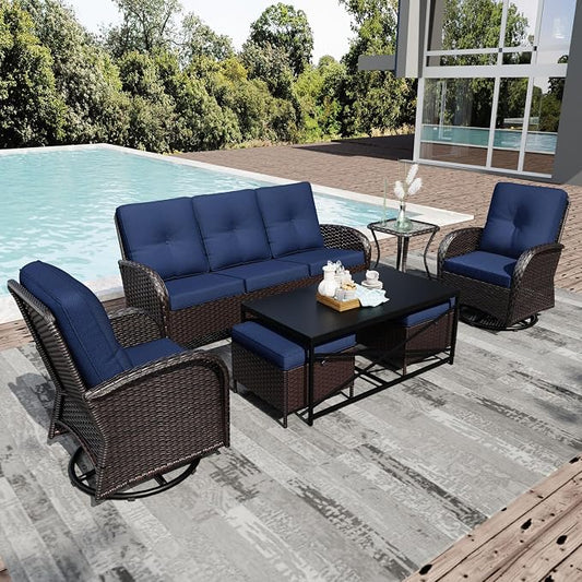 Joyside Wicker Patio Furniture Set, 7 Piece Outdoor Furniture Set with Thickened Cushions, High Back, Deep Seating, Wide Armrest, Outdoor Swivel Rocker Chairs for Porch, Deck