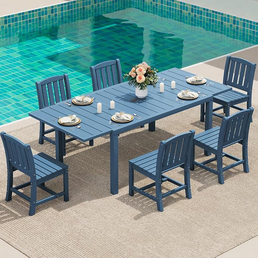 SERWALL Outdoor Patio Dining Set for 6, Blue | 60" - 83" Expandable Outdoor Dining Table and 6 HDPE Chairs, All Weather Material Outdoor Furniture Set Backyard, Garden