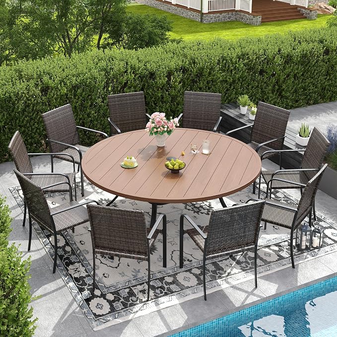 DIFY 11 Piece Outdoor Dining Set, Patio Table and Chairs Set for 10 with Umbrella Hole, 63" Walnut Round Dining Table & Stackable Wicker Patio Chairs, Metal Patio Furniture Set for Garden Backyard