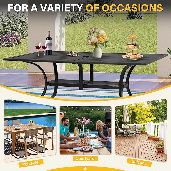 Patio Dining Table, 60" x 37"Outdoor Rectangular Metal Table,1.57" Umbrella Hole, for Backyards, Porches, Gardens or Poolside, Black