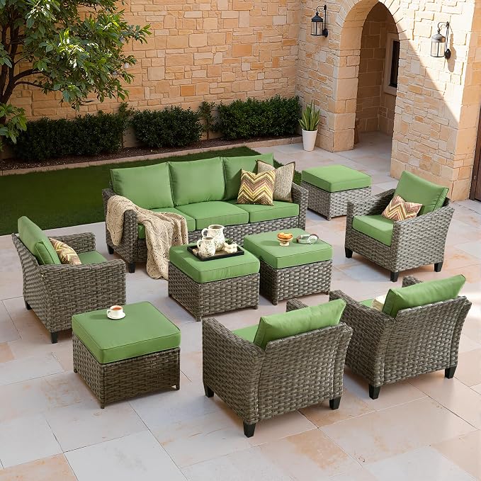 CAODOC Patio Furniture Set, 7 Pieces Outdoor Wicker Rattan Sofa Couch with 4 Chairs, Ottomans and Comfy Cushions, All Weather High Back Conversation Set Garden Backyard, Brown Rattan Green Cushions